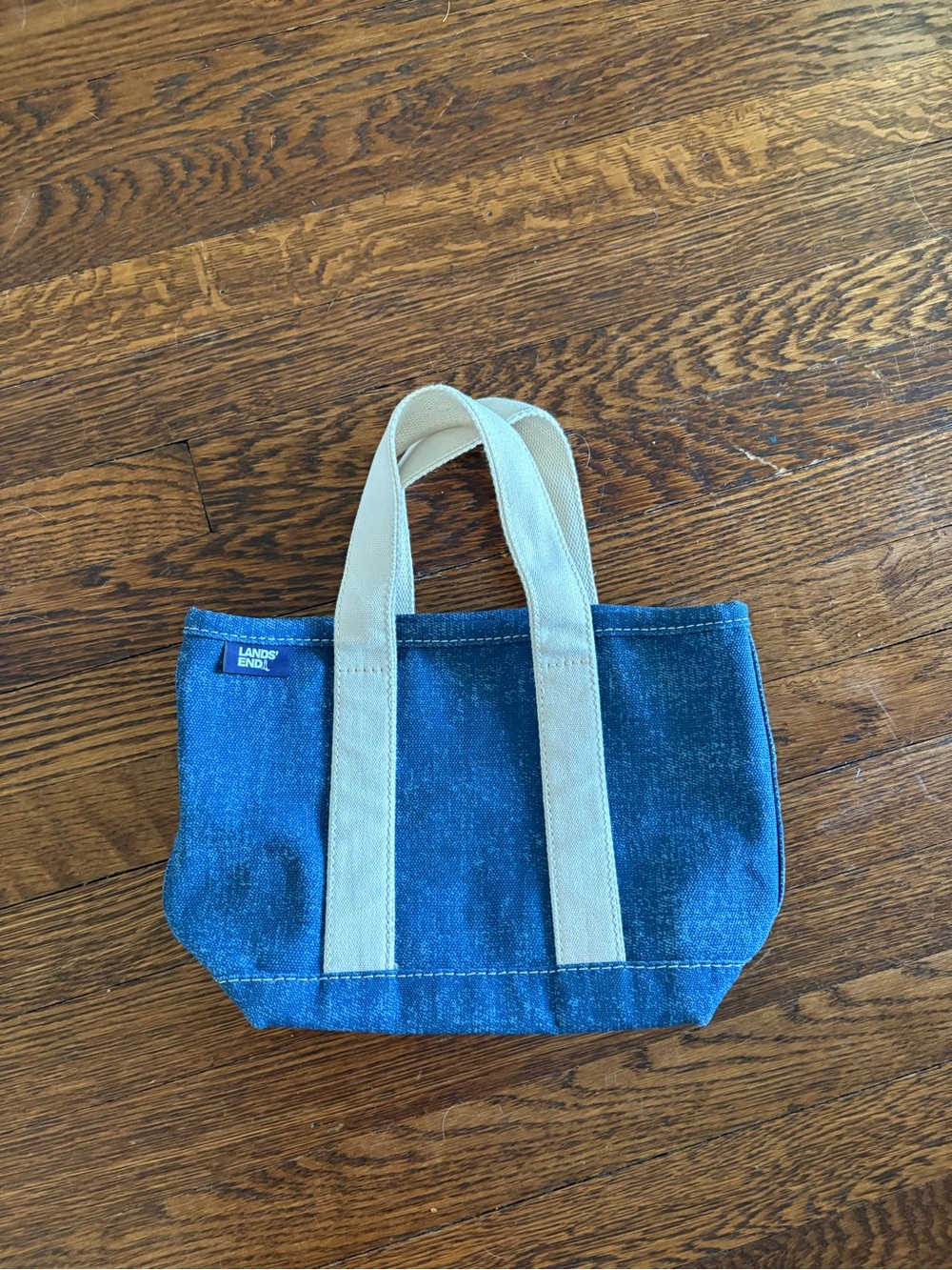 Lands' End Blue Denim Tote with Cream Handles